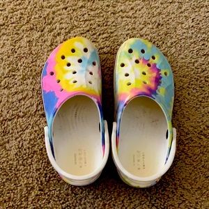 rainbow crocs ( size 8 ) with purple stripe